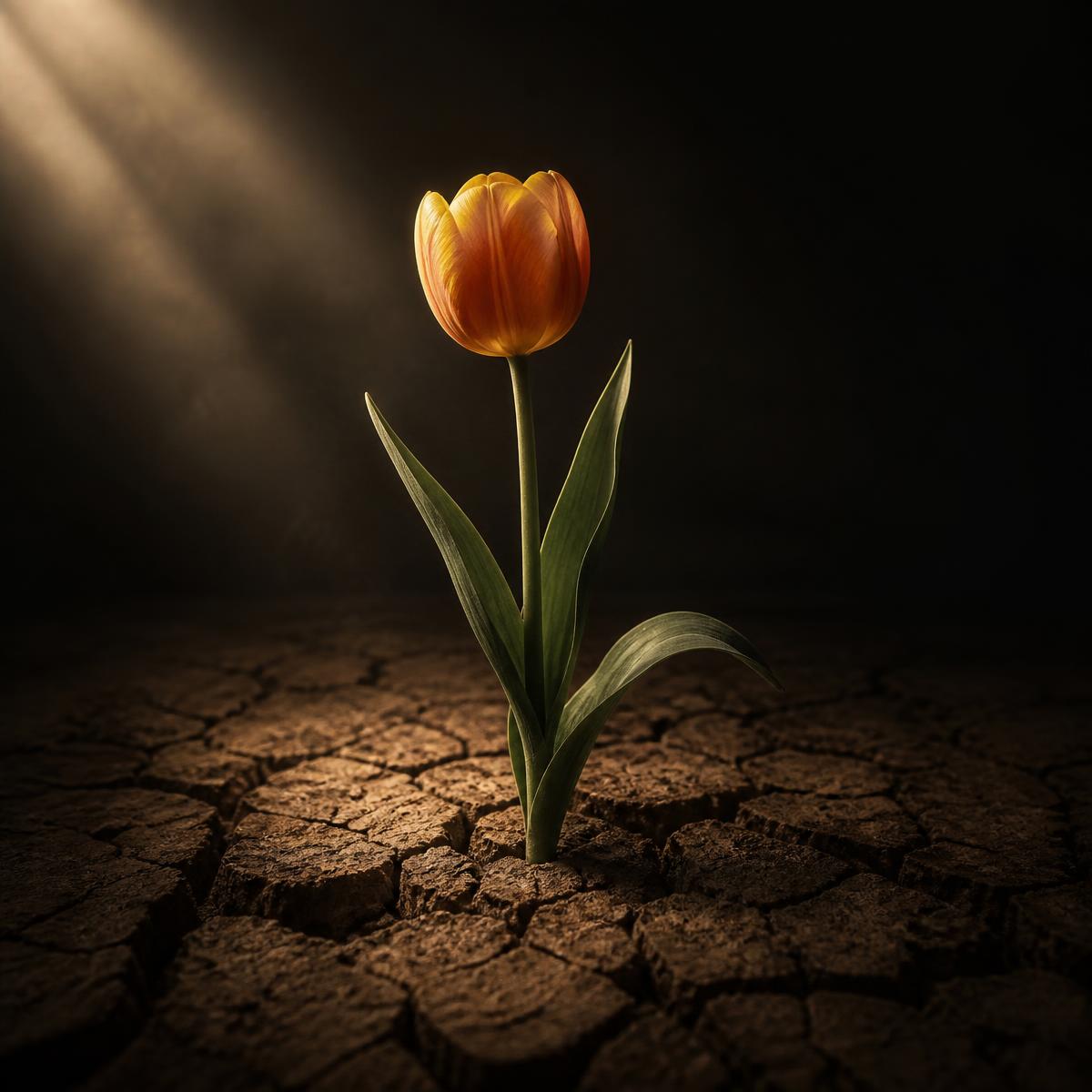 A single amber tulip blooming out of dry cracked earth in a shaft of light